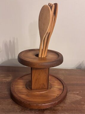 Vintage Wooden Lazy Susan Kitchen Utensil Holder with Spoon Set - Brown